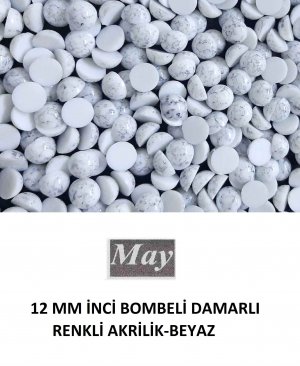 12 MM İNCİ BOMBELİ DAMARLI RENKLİ AKRİLİK-BEYAZ