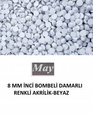 8 MM İNCİ BOMBELİ DAMARLI RENKLİ AKRİLİK-BEYAZ