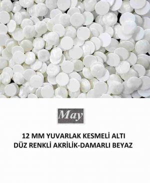12 MM YUVARLAK KESMELİ ALTI DÜZ RENKLİ AKRİLİK-DAMARLI BEYAZ